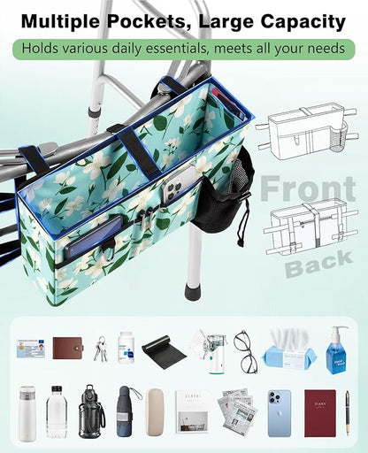 Rhino Valley Walker Bag, Secure Fit Walker Basket with Cup Holder, Large Capacity Foldable Walker Accessories for Seniors, Detachable Folding Walker Pouch Organizer for Older Elderly Gifts, Lily