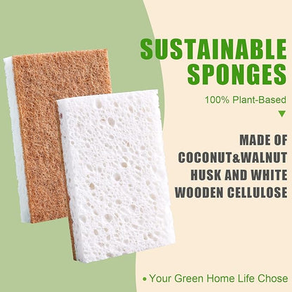 PANYEE Biodegradable Natural Kitchen Sponge，Eco Friendly Sponges for Dishes,Compostable Cellulose Sponge with Natural Plant Based Coconut Walnut Sustainable Scrubber Pack of 12