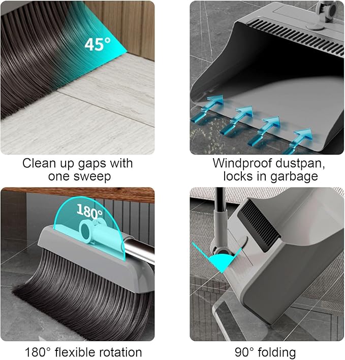 3-in-1 Broom and Dustpan Set - Stainless Steel Handle Floor Cleaning Kit for Home & Office, Space-Saving Storage Design