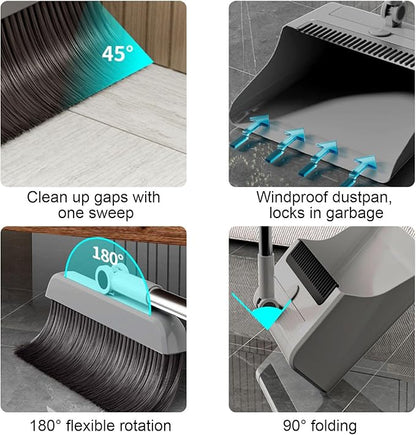 3-in-1 Broom and Dustpan Set - Stainless Steel Handle Floor Cleaning Kit for Home & Office, Space-Saving Storage Design