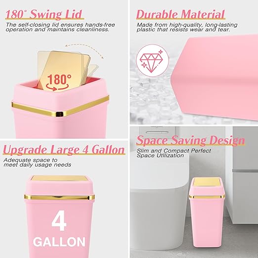 3 Pack Bathroom Trash Can with Lid 4 Gallon Small Trash Can with Swing Lid Bathroom Garbage Can with 150 Counts Trash Bags for Kitchen Bedroom Office(1 White 2 Pink)