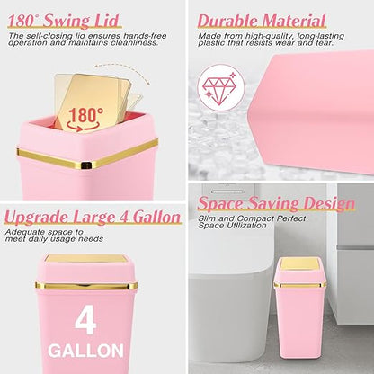 3 Pack Bathroom Trash Can with Lid 4 Gallon Small Trash Can with Swing LidBathroom Garbage Can with 225 Counts Trash Bags for Kitchen Bedroom Office(White Pink Green)