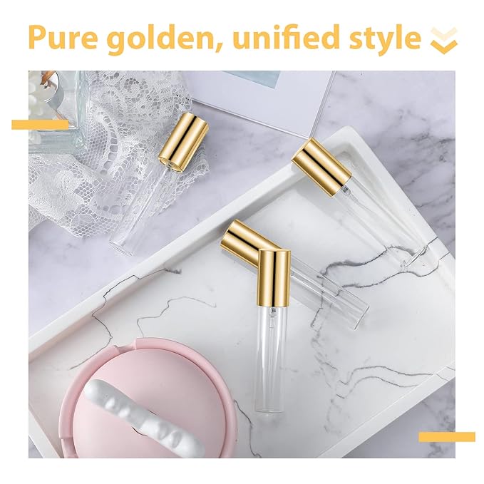 Yinder 25 Pcs 10 ml Glass Refillable Perfume Bottles Bulk Travel Empty Perfume Atomizer Sprayers Portable Spray Bottles Mini Sample Fragrance Containers, Gold