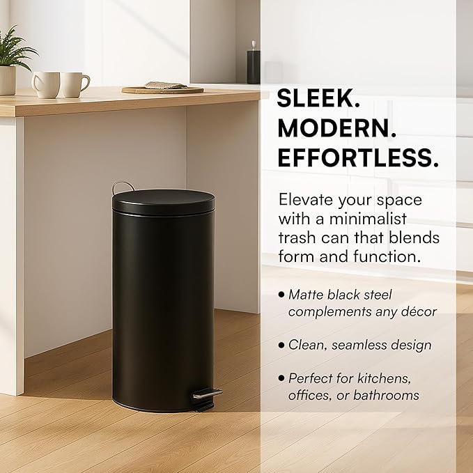Honey-Can-Do 30L / 8-Gallon Round Step Trash Can, Matte Black Stainless Steel, Fingerprint-Resistant, Removable Inner Bucket