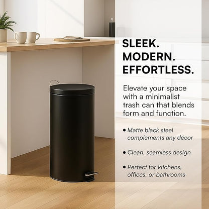 Honey-Can-Do 30L / 8-Gallon Round Step Trash Can, Matte Black Stainless Steel, Fingerprint-Resistant, Removable Inner Bucket