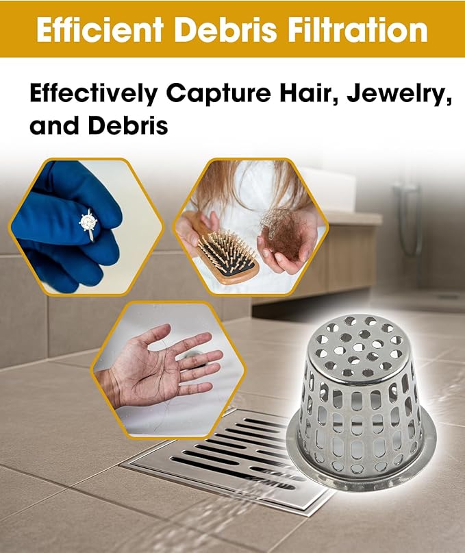 2 Pcs Debris and Hair Strainer for Shower Drains Floor Drain, 2 Inch Stainless Steel Debris Basket Hair Trap Catcher with 2 Lifting Hook, Concave Type