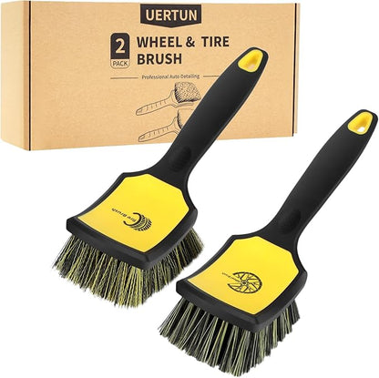 Wheel and Tire Brush Detailing Kit, Soft Rim Brush & Stiff Tire Brush with Silicone Bumper Guard, Non-Slip Ergonomic Handle Car Wash Set for Alloy Wheels, Fenders, Mats