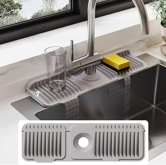 24 Inch Silicone Faucet Mat for Kitchen Sink Splash Guard - 7° Slope Water Draining Mat With Fasten Button for Bathroom Area (Gray, 17.7''x5.5'')