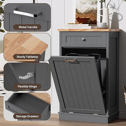 AHB 13 Gallons Tilt Out Trash Cabinet, Hidden Trash Can Kitchen Cabinet Wooden Tilt Out Pet Proof Hidden Trash Bin for Kitchen Living Room, Grey