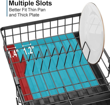GSlife Expandable Dish Drying Rack for Kitchen Counter, 12-20.5 Inch Compact Dish Rack with Drainboard, Swivel Spout, Cup & Utensil Holder, Rust-Resistant Dish Drainer for Small Kitchen, RV, Black