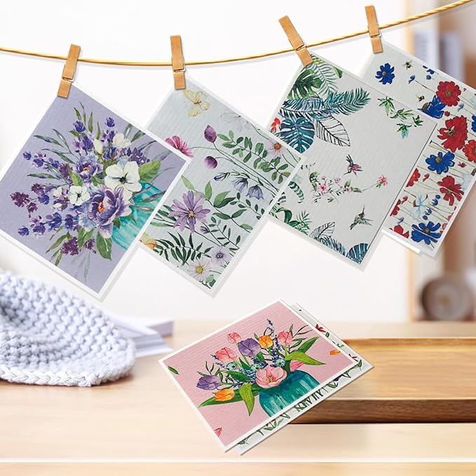 Swedish Kitchen Dish Cloths - 6 Pack Reusable Paper Towels for Counters & Dishes - Eco Friendly Cellulose Sponge Cloth (Flower)
