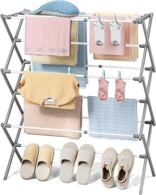KINGBOARD Clothes Drying Rack, Collapsible Drying Rack Clothing with 11 Poles, 3-Tier Laundry Drying Rack, Small Clothes Drying Rack Foldable for Baby Clothes, 25lb Capacity, White & Grey