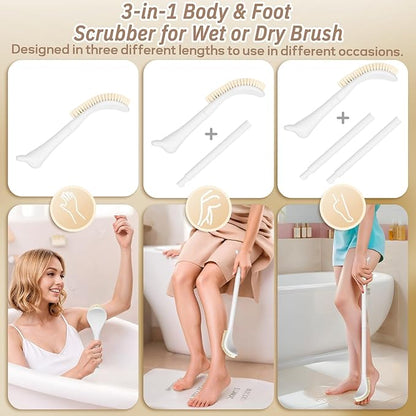 Foot Brush/Foot File/Silicone Body Scrubber Set(3PCS), 3-in-1 Foot Scrubber with Long Handle, 10.2’’-27.5’’Adjustable Foot Scrub Brush with Foot File and Silicone Loofah, Gift-Box(White Set)