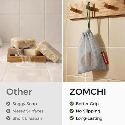 ZOMCHI Mesh Soap Saver Bags, Soap Holder Pouch for Shower, Body & Shampoo Bars, Travel Pouch Bag with Hanging Loop (3 Pack, Gray)