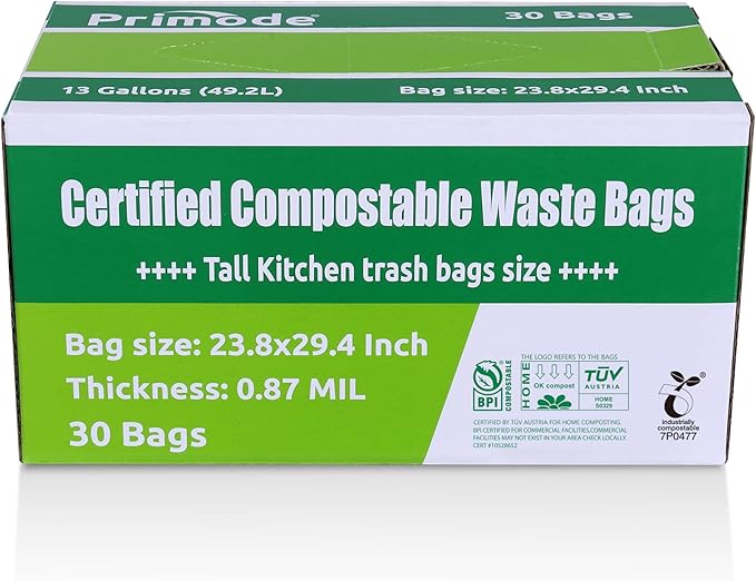 Compostable Trash Bags 13 Gallon | 30 Count Tall Kitchen Compost Bags, Food Waste Bags, Certified Compost Bags, Certified by BPI and by TÜV AUSTRIA, Extra Thick 0.87