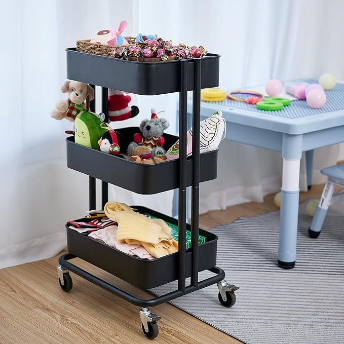 3 Tier Rolling Cart Metal Heavy Duty Utility Cart with Silent Caster Lockable Wheels Multi-Functional Organization Carts Storage Trolley with Mesh Shelves for Office Kitchen Living Room Black