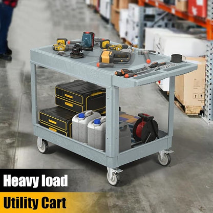 2 Tier Rolling Utility Cart on Wheels, 550 lbs Capacity Flat Top Plastic Tool Cart with Lipped Shelves, 46 x 26-Inch Heavy Duty Work Cart for Warehouse, Garage, Cleaning, Gray