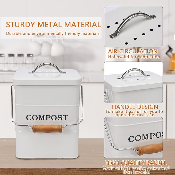 Stainless Steel Compost Bin, 1 Gallon, Kitchen Countertop Compost Bin, Includes Charcoal Filter, White