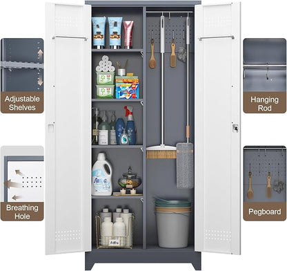 GREATMEET 72'' Metal Utility Storage Cabinet with Pegboard & Tool Hanging Bars, Double Door Cleaning Supply Organizer with Adjustable Shelves, Tall Garage Janitor Storage Cabinet, Gray White