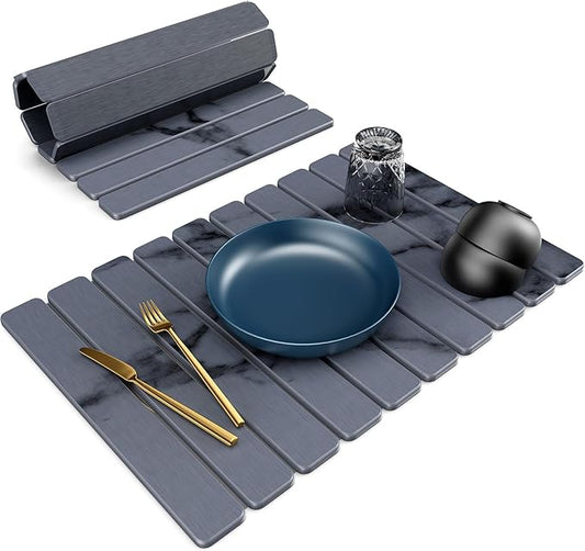 Large Stone Dish Drying Mat for Kitchen Counter, 24"(L)×16"(W), Collapsible Quick Dry Stone Dish Mats, Super Absorbent Diatomaceous Earth Drying Pad for Dishes Bottles Cups, Countertops (Marble)