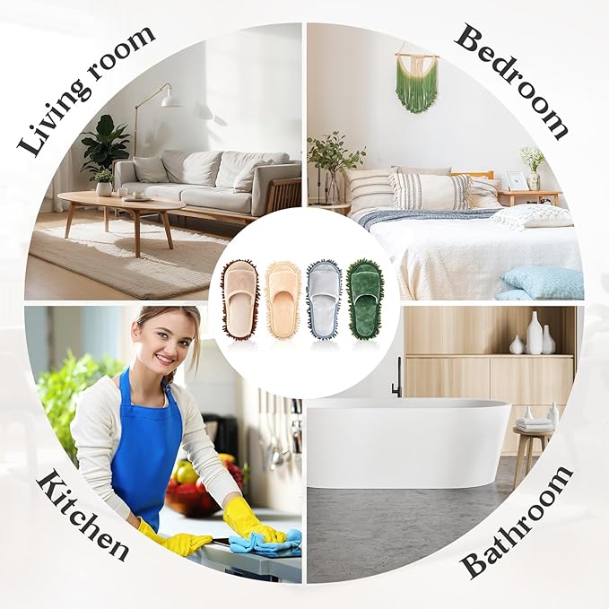 Jecery 4 Pair Washable Microfiber Mop Slippers Detachable Dusting Shoes for Floor Cleaning, Office & Home Use Suitable for Women & Men(Beige,Brown,Black,Grass Green,M Size)