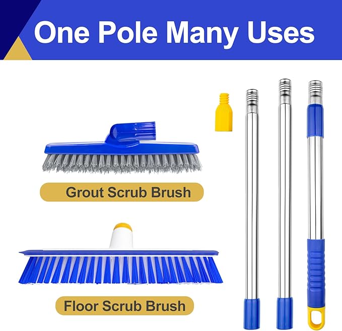 12" Wide Floor Scrub and Grout Brush Set With Long Extendable Handle - Stiff Bristle Heavy Duty Cleaner for Tile, Deck, Garage, Kitchen, Bathroom