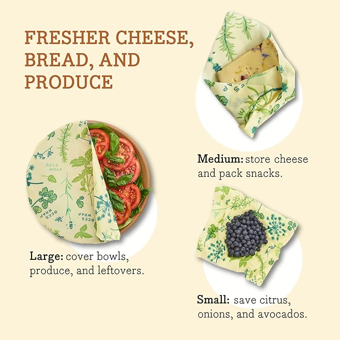 Bee's Wrap Vegan Beeswax Wraps for Food - 3 Pack of Assorted Beeswax Wraps - Small, Medium & Large Wrap - Plastic Free Made in USA Reusable Natural Food Wrap - Herb Garden Print