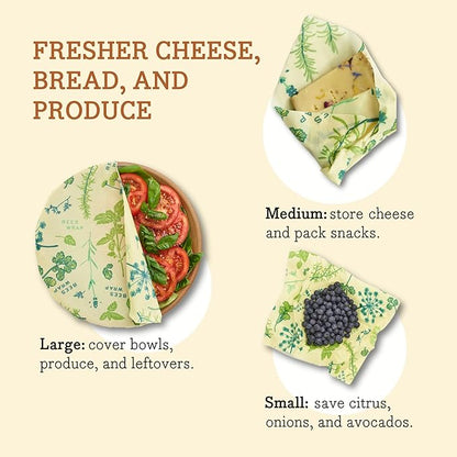 Bee's Wrap Vegan Beeswax Wraps for Food - 3 Pack of Assorted Beeswax Wraps - Small, Medium & Large Wrap - Plastic Free Made in USA Reusable Natural Food Wrap - Herb Garden Print