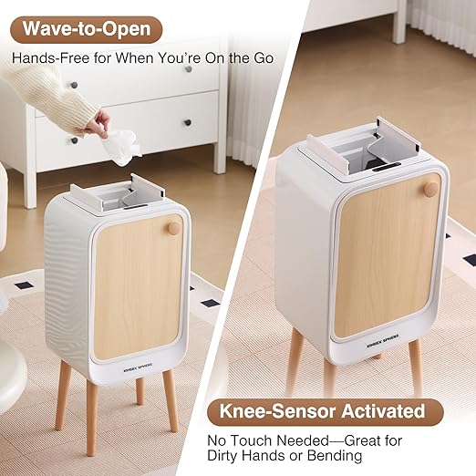 Motion Sensor Touchless Trash Can for Living Room Bedroom, 5.3 Gallon/20L Automatic Stainless Steel Slim Tall Garbage Can with Butterfly Lid&Legs, Wood Color