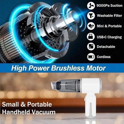 Mini Cordless Car Vacuum, Small Wireless Handheld Vacuum Cleaner 9000PA High Power Suction, Portable 3 in 1 Little Vacuum &Air Blower & Pump for Small Space at Home&Office