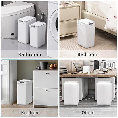 MOPALL 2 Pack Bathroom Trash Can with Lid, 3.6Gal + 2.5Gal Small Garbage Can Set with Pop-Up Lid, Slim Trash Bin Waste Basket for Toilet, Office, Bedroom, Living Room (White)