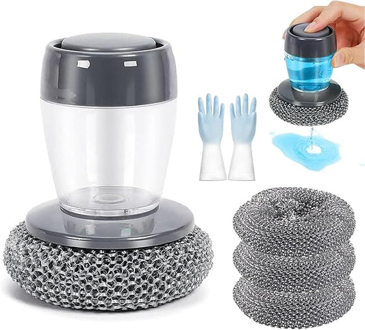 2026 New Comfort Grip Soap Dispensing Kitchen Scrub, Comfort Grip Soap Dispenser, Replaceable PET Cleaning Brush Without Soap, Non-Slip Handle for Cleaning Dishes (1 Set+3 Pcs Replacement Parts)