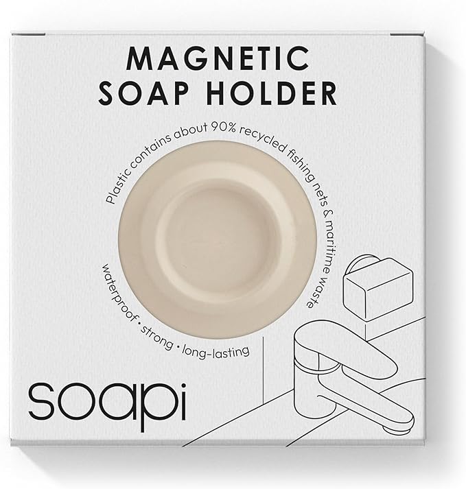 Magnetic Soap Holder – No-Drill Installation – Space-Saving Wall Soap Dish – Wall Mounted, Eco-Friendly Bar Soap Holder – Recycled Ocean Plastic – Stick Anywhere - Soapi (Off-White)