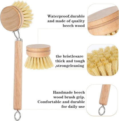 Kifmurase Bamboo Dish Brush with Handle, 10 Pcs Replacement Heads Wooden Kitchen Brush for Dishes, Vegetable Brushes Dish Scrubber for Cleaning Kitchen Room Vegetable Pots and Pans