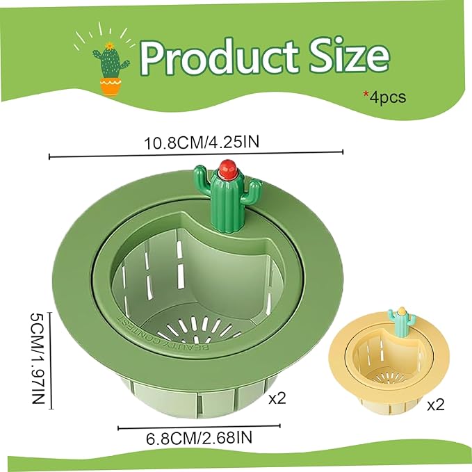 4PCS Cactus Sink Strainer Cactus Kitchen Sink Drain Basket Auto-Dumping Filter Multi-Functional Anti-Clogging Kitchen Drainer with Lifting Handle