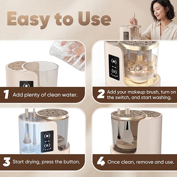 3-in-1 Electric Makeup Brush Cleaner with Air Drying Fan, Automatic Wash & Rinse, USB Powered, Designed for Single-Ended Brushes
