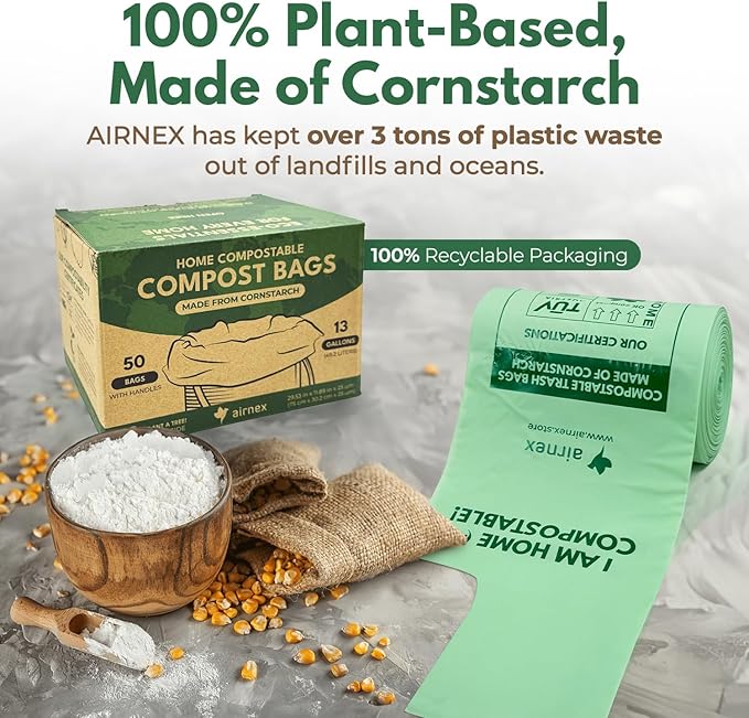AIRNEX Compostable Kitchen Trash Bags 13 Gal - Cornstrarch Leakproof & Tear Resistant 50 Compost Bags - OK Compost Home & Seedling Certified 0.25 mm Kitchen Garbage Bags