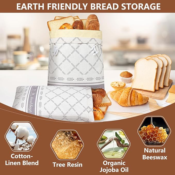 Reusable Beeswax Bread Bags for Sourdough, XL Capacity Upgrade Food Storage Bag, 100% Natural Cotton and Beeswax, Keep Freshness for Homemade Bread, Portable sourdough bread bags, 2 Pack | Freezer Safe