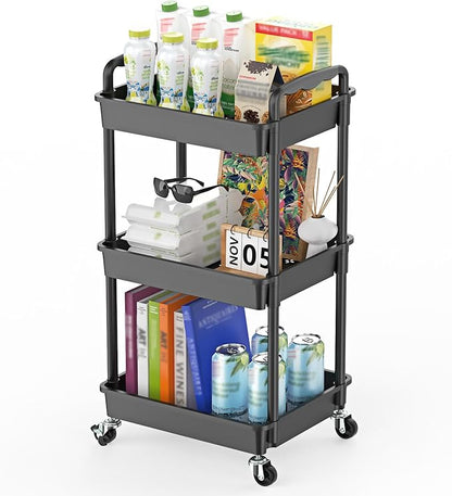 Goovilla Rolling Storage Cart, 3 Tier Rolling Utility Cart Organizer on Lockable Wheels, Charcoal Fruit Vegetable Storage Rack Also for Kitchen, Cans, Snack, Craft, Art, Office, Beauty