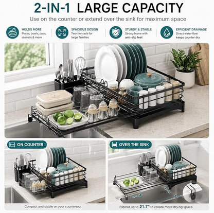 Premium Expandable Dish Drying Rack with Drainboard – 2-in-1 Large Capacity Countertop & Over-Sink Dish Rack, Rust-Resistant Metal