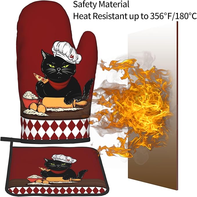Cat Pot Holders and Oven Mitts - Red Cooking Gloves Hot Pads for Kitchen Fun Chef Gifts for Cooking Lover Cooks