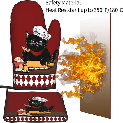 Cat Pot Holders and Oven Mitts - Red Cooking Gloves Hot Pads for Kitchen Fun Chef Gifts for Cooking Lover Cooks
