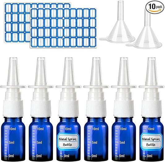10 Pcs Nasal Spray Bottle, 10ML/0.35OZ 6Pcs Glass Empty Blue Scale Nose Spray Bottles Refillable with 2 Funnels and 2 Labels