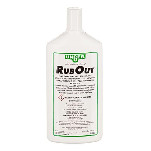 Unger Commercial RubOut Hard Water Stain Remover - 16 oz Professional Window and Glass Cleaner Solution - Removes Mineral Buildup, Rust, and Soap Scum for Clear Surfaces - RUB50