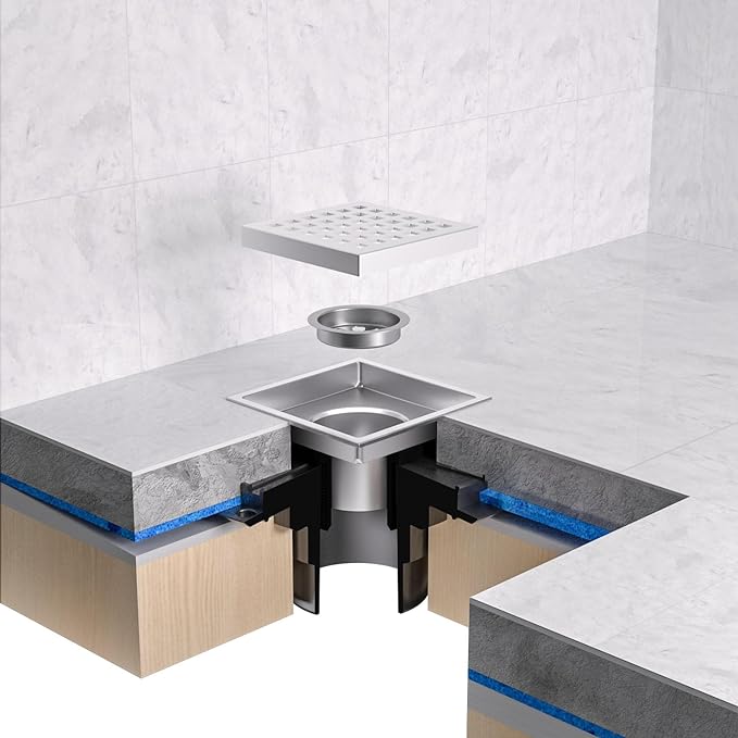 EXF Square Shower Drain 4-3/8 Inch Brushed Nickel, Stainless Steel Shower Floor Drain Kit with ABS Flange, Removable Cover Grid Grate, Hair Strainer
