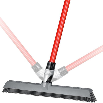 2-in-1 Silicone Rubber Broom Carpet Rake and Squeegee - Swivel Pet Hair Removal Broom with 1 Piece Long Handle - Slanted Side Bristles for Corners - Multipurpose Broom for Carpet, Hardwood Floor, Tile