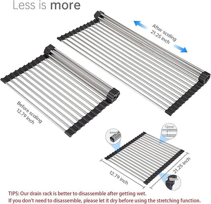Expandable Roll Up Dish Drying Rack Over The Sink Rack, Large Dish Drainer Rack for Stainless Steel Sinks, Non-Slip Silicone Collapsible Rack 18 Tube for Kitchen,Sliver
