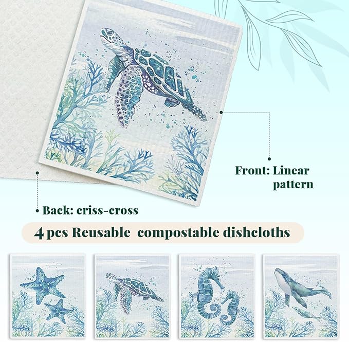 Ocean Beach Swedish Dishcloths for Kitchen, 4 Pack Ocean Summer Gifts Swedish Dish Cloths Towels for Kitchen Bathroom Office Housewarming Gifts, Papaya Reusable Paper Towels Washable