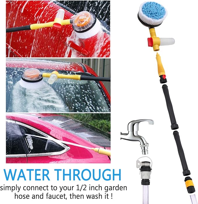 Rotating Car Wash Brush with Soap Dispenser & Hose Attachment, Soft Bristle Car Spin Mop Washing Scrub Brush Long Handle, Water Flow Through High Pressure Car Cleaning Brush Kit (Yellow)