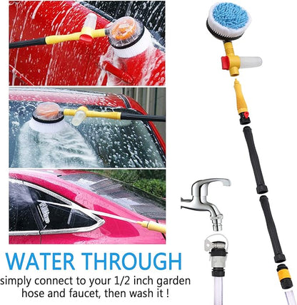 Rotating Car Wash Brush with Soap Dispenser & Hose Attachment, Soft Bristle Car Spin Mop Washing Scrub Brush Long Handle, Water Flow Through High Pressure Car Cleaning Brush Kit (Yellow)